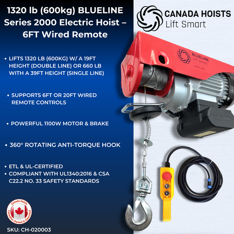 SPECIAL ORDER: 1320 lb (600kg) BLUELINE Series 2000 Electric Hoist – 6FT Wired Remote-Canada Hoists