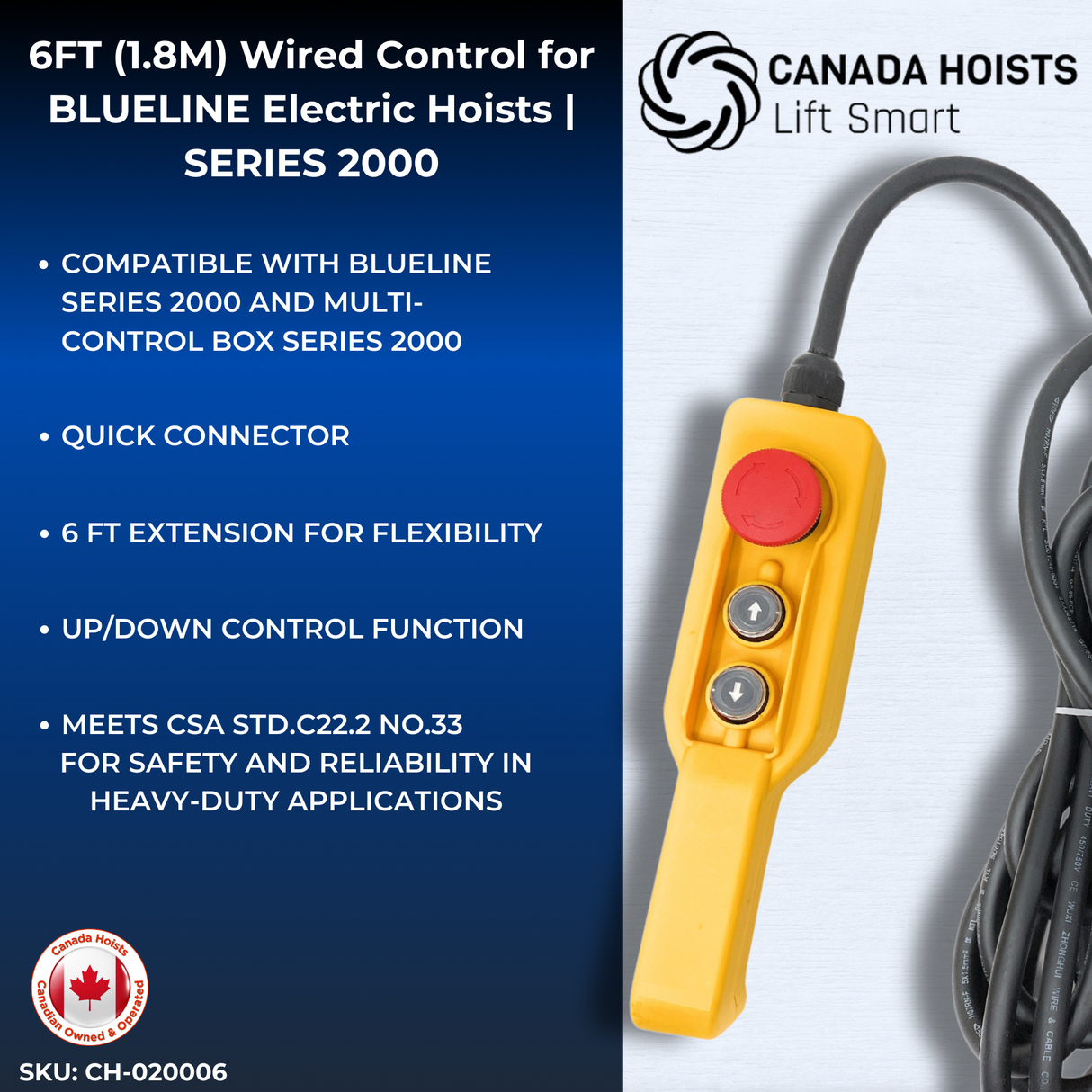 6FT (1.8M) Wired Control for BLUELINE Electric Hoists | SERIES 2000-Canada Hoists
